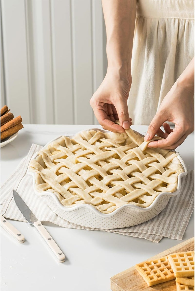 MIKIGEY Ceramic Deep Pie Pan for Baking, 11 inch Porcelain Pie Dish for Apple Pie, Oven & Dishwasher Safe, 48 Ounce Deep Plate for Kitchen, Non-Stick Pie Pans,Off-White, Embossed Dots - Image 5